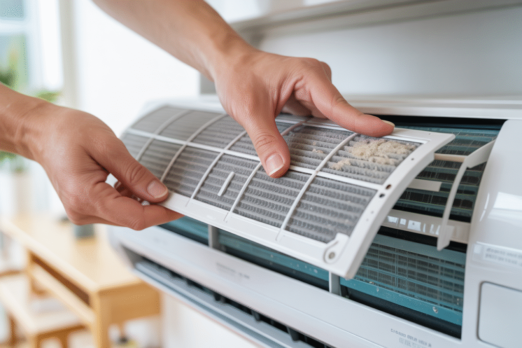 Licensed Split System Air Conditioning technician servicing AC unit in Morayfield