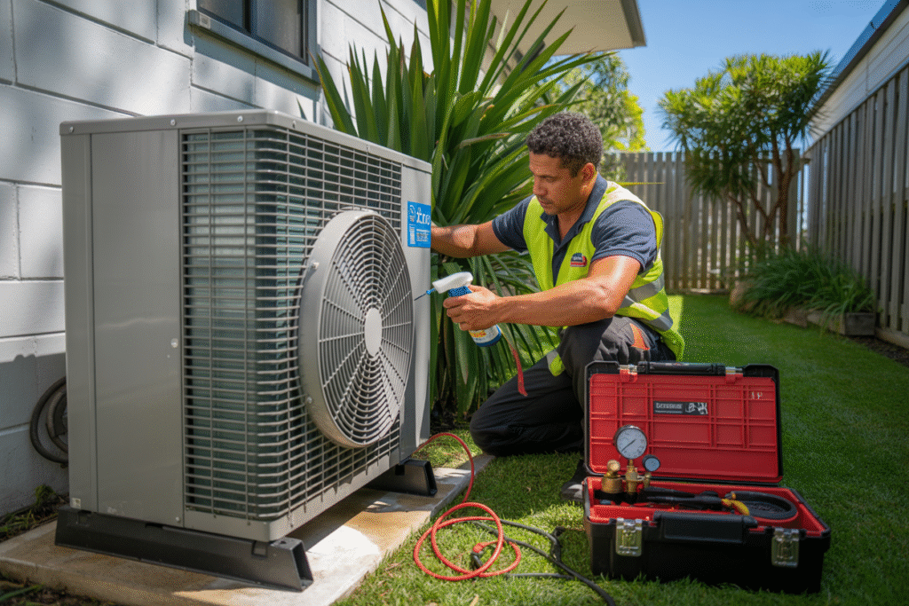 Licensed air conditioning technician servicing split system unit in South Brisbane