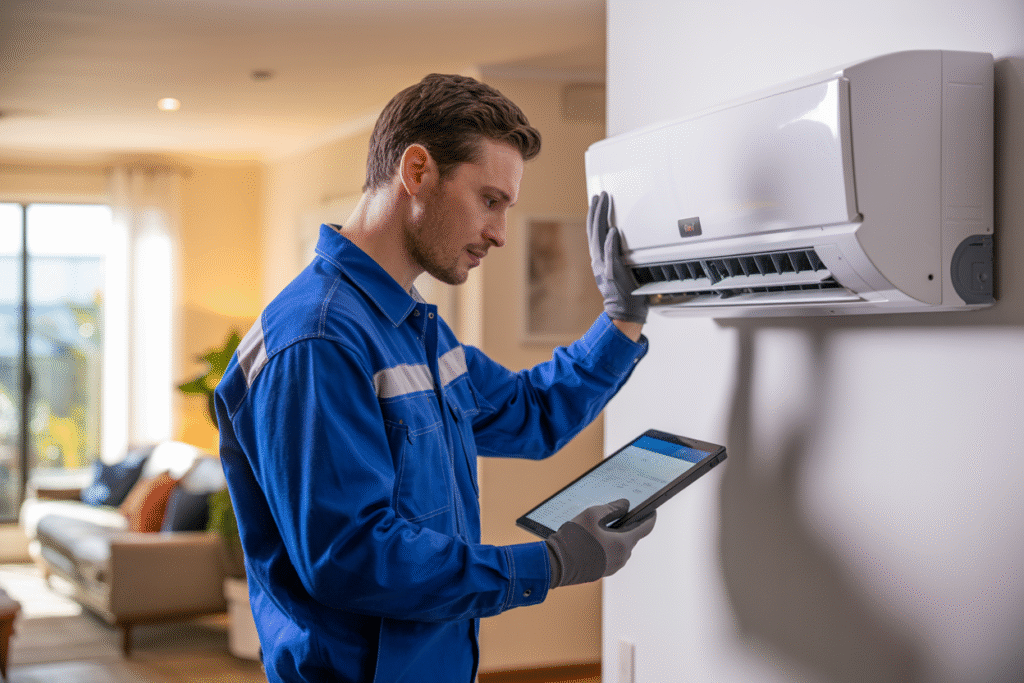 Professional technician performing Split System Air Conditioning in North Lakes home
