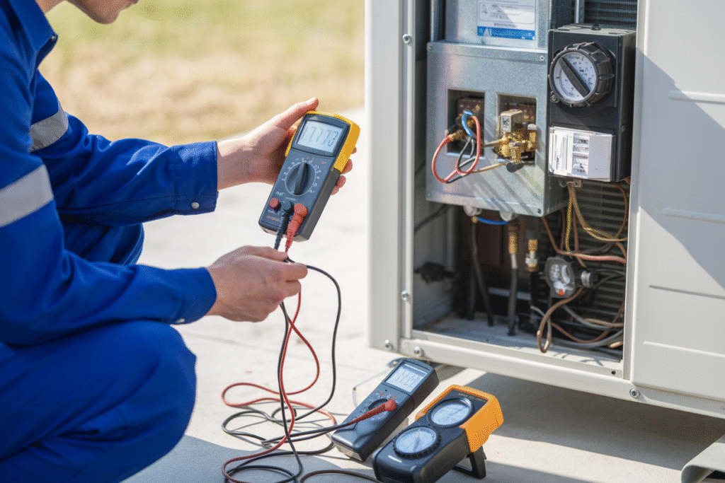 Professional technician servicing indoor split system air conditioner unit during maintenance appointment in Redland City
