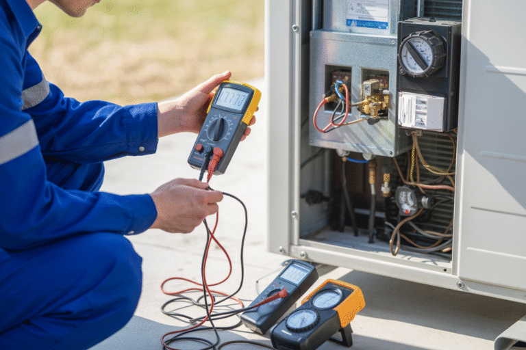 Professional technician servicing indoor split system air conditioner unit during maintenance appointment in Redland City